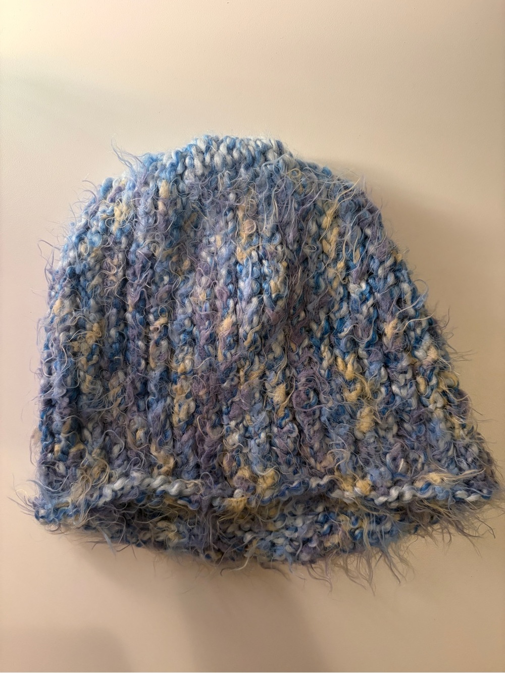 Cozy Handknit Fuzzy Beanie - Blue & Cream